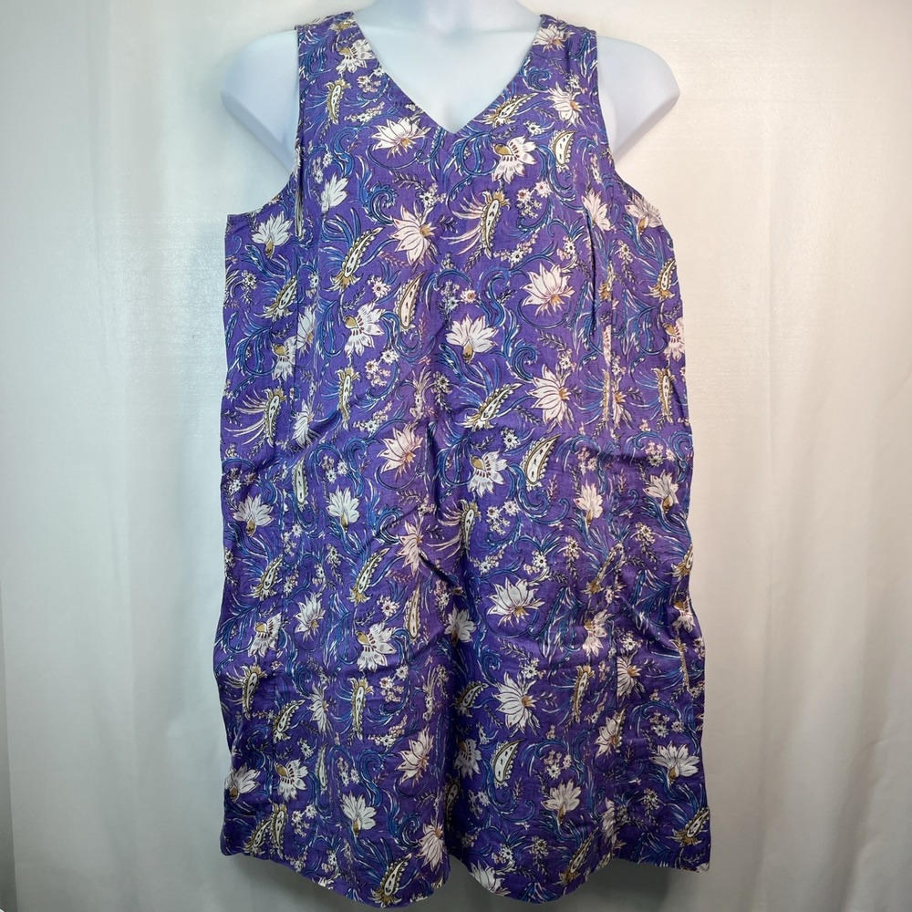 J. Jill Love Linen L Purple Floral Paisley Knee Shift Dress Pockets Summer Beach